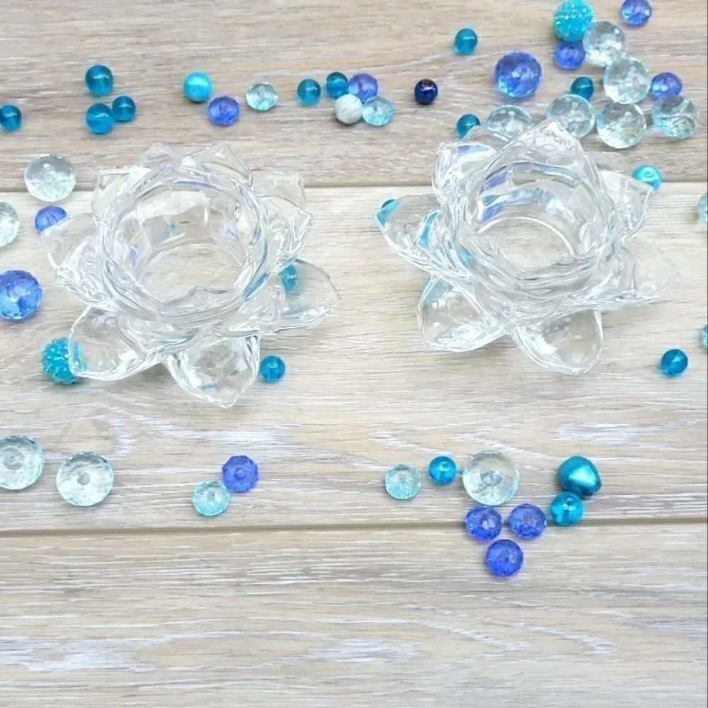 Lotus glass candle holders with blue beads These are stunning! Pair of tabletop